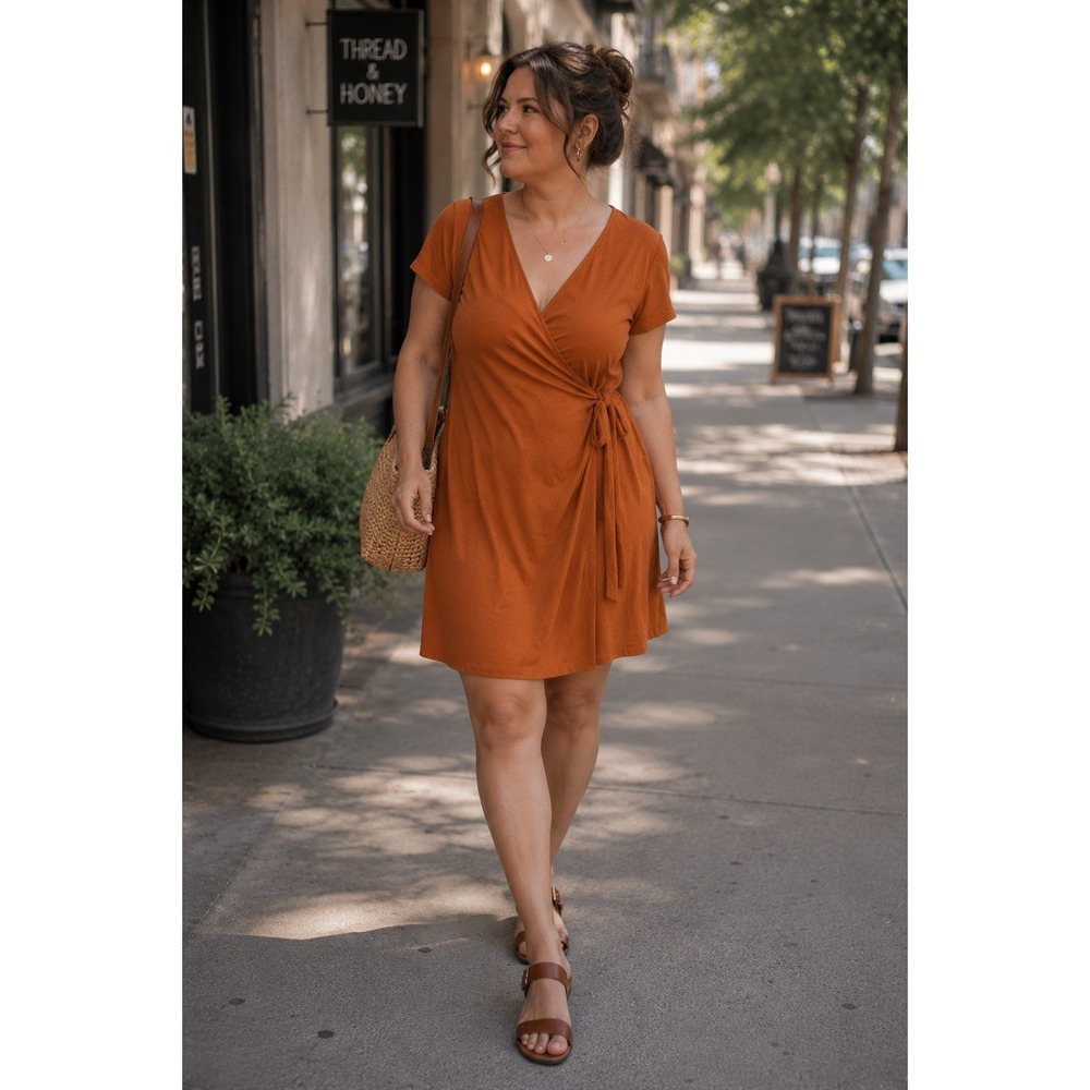 Madewell Texture & Thread Rust Orange‎ Wrap Mini Dress XXL Short Sleeve V-Neck
